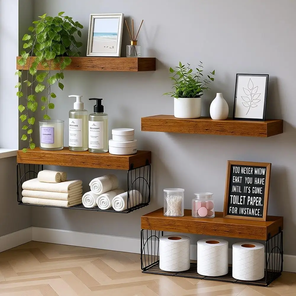 

4-Piece Rustic Wooden Floating Shelves with 2 Iron Baskets, Over-Toilet Storage, Suitable for Bathroom, Living Room, Kitchen, 16