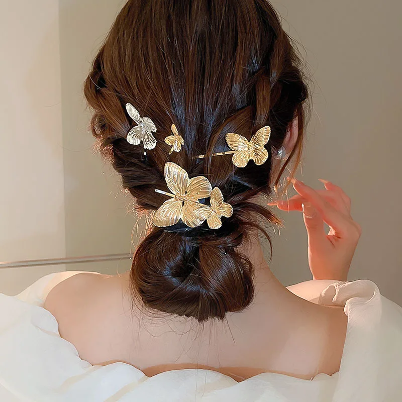 Metal Style Butterfly Hair Clip Hairpin Headdress for Womem New Chinese Style Retro Exquisite Updo Pins Hair Accessories Jewelry