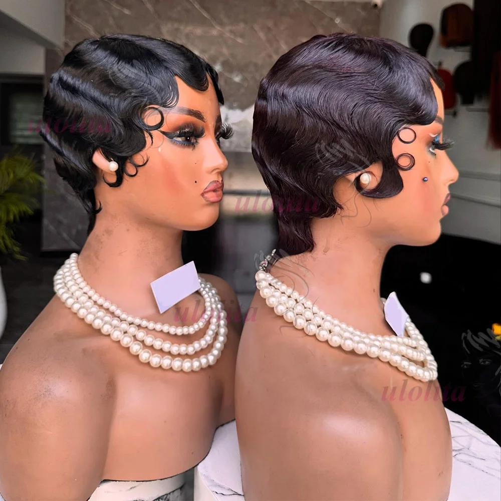 Kurze Fingerwellen-Perücke aus brasilianischem Echthaar für Frauen, kurze Wasserwellen-Perücke, tiefe Wellen-Perücke, Pixie-Cut-Perücken für den täglichen und Partygebrauch. – Detail 3