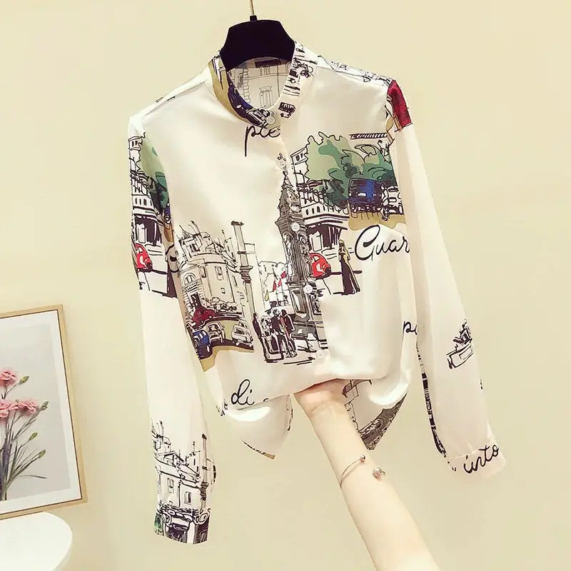 Vintage Printed Spliced O-Neck Oversized Chiffon Shirt Summer and Autumn New Casual Tops Loose Commute Women\'s Clothing Blouse