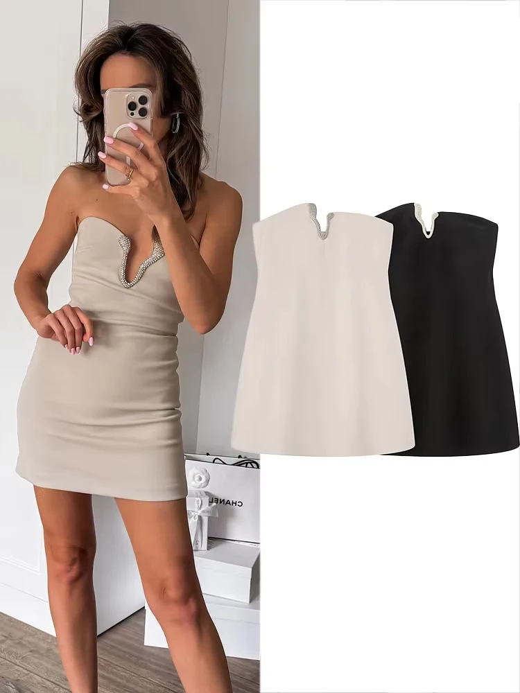 

HH Women Fashion Off-shoulder Strapless Rhinestone Decorative A-line Dress Female Elegant Side Zipper Party Sleeveless Dress
