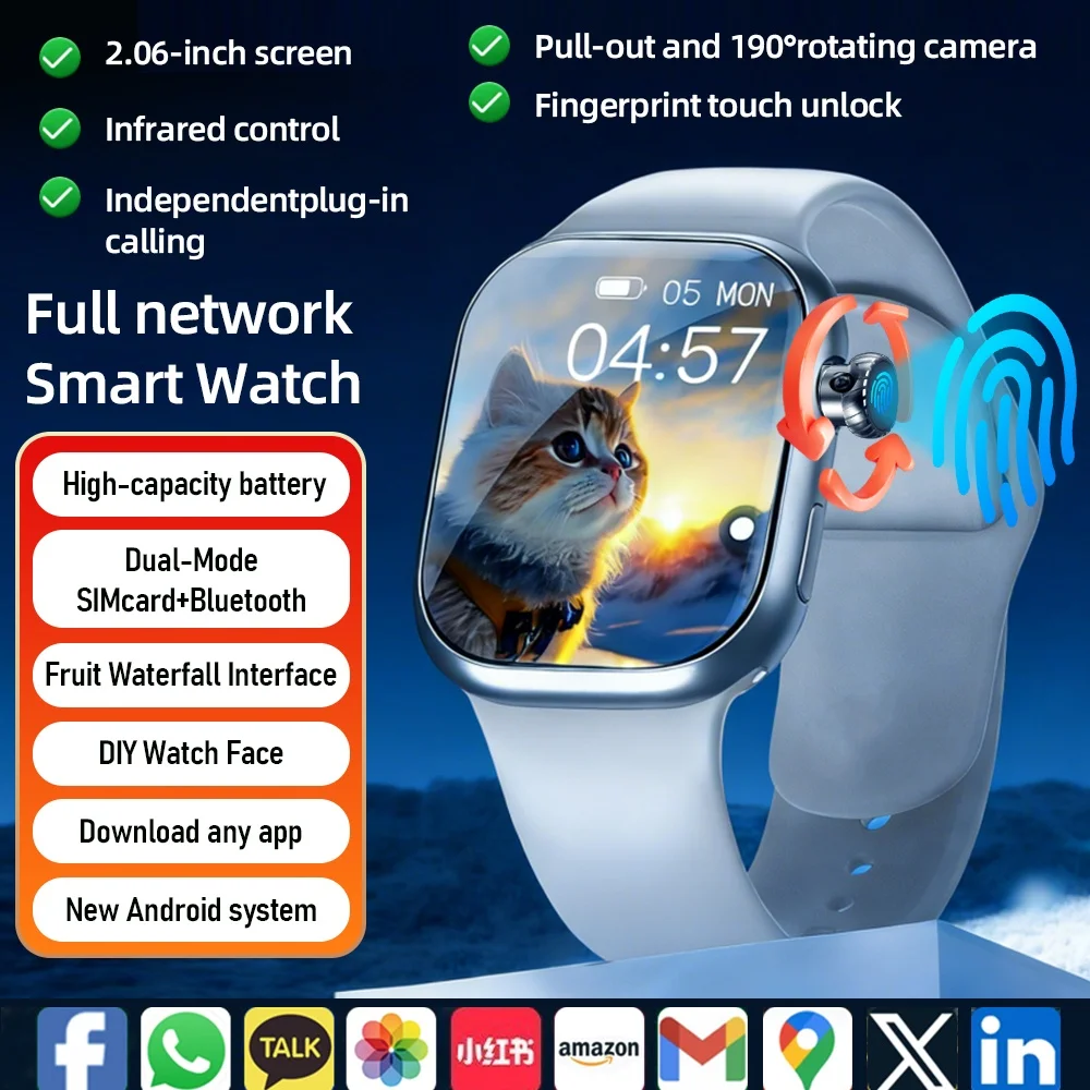 

2.29inch Amoled 5G LTE Full Netcom Android 13.0 Smartwatch Smart Watch With 190° Rotary Camera Touch ID Infrared remote function