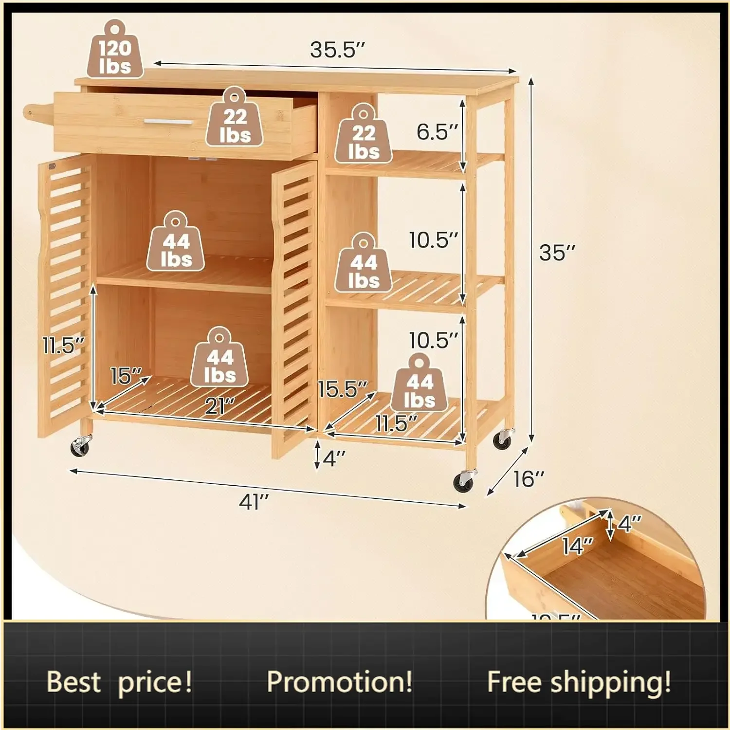 Bamboo Kitchen Island Cart, Rolling Butcher Block with Large Drawer, 2-Door Cabinet, 3-Tier Open Shelves, Towel Rack, Kitchen