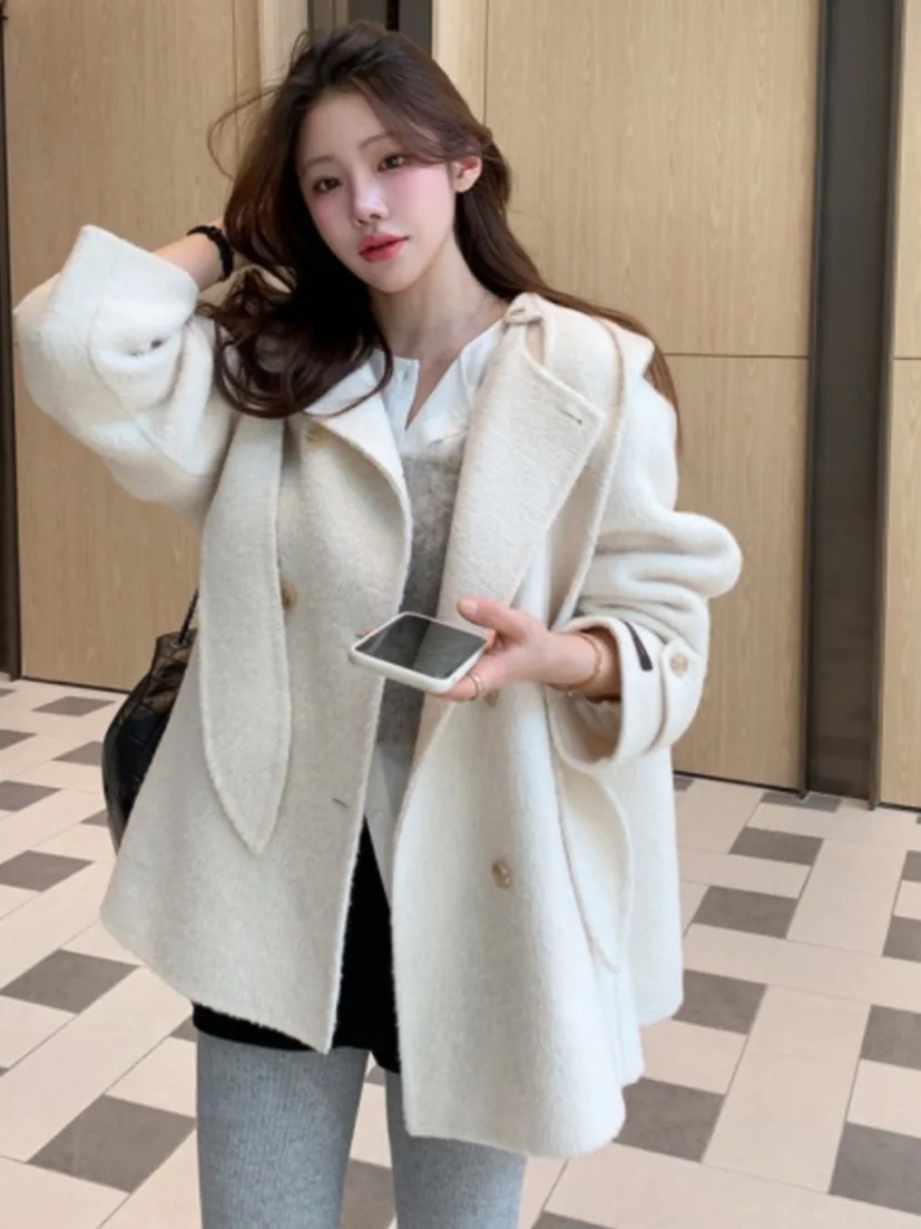 

Chic Winter round Ne Hooded Detachable Two-Way Wear Loose Slimming ort Size Reducing Woolen Coat for Women