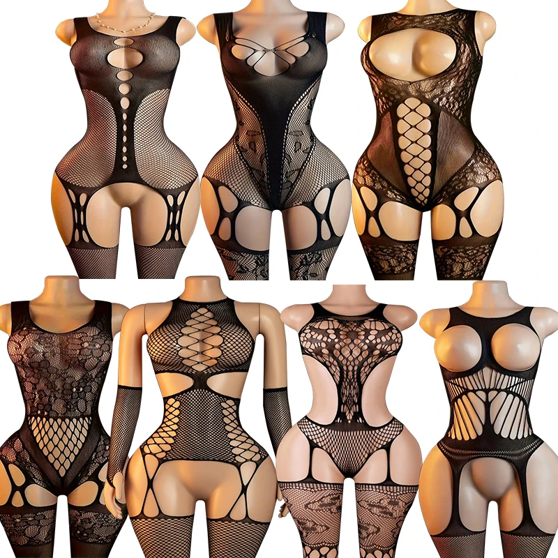 Fishnet Soft Stretch Sleepwear Stretchy Floral Bust Cutout Sex Lace Sexy Pajamas Hip Hollow Nightwear Home Lounge Bodystockings