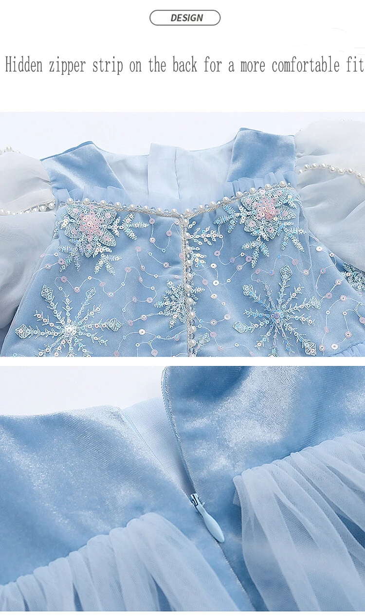 Elsa Frozen Girl Blue Birthday Party Wear Princess Long Clothing Flower Girls Dress Lush Elegant Sequin Velvet Dress for Girls