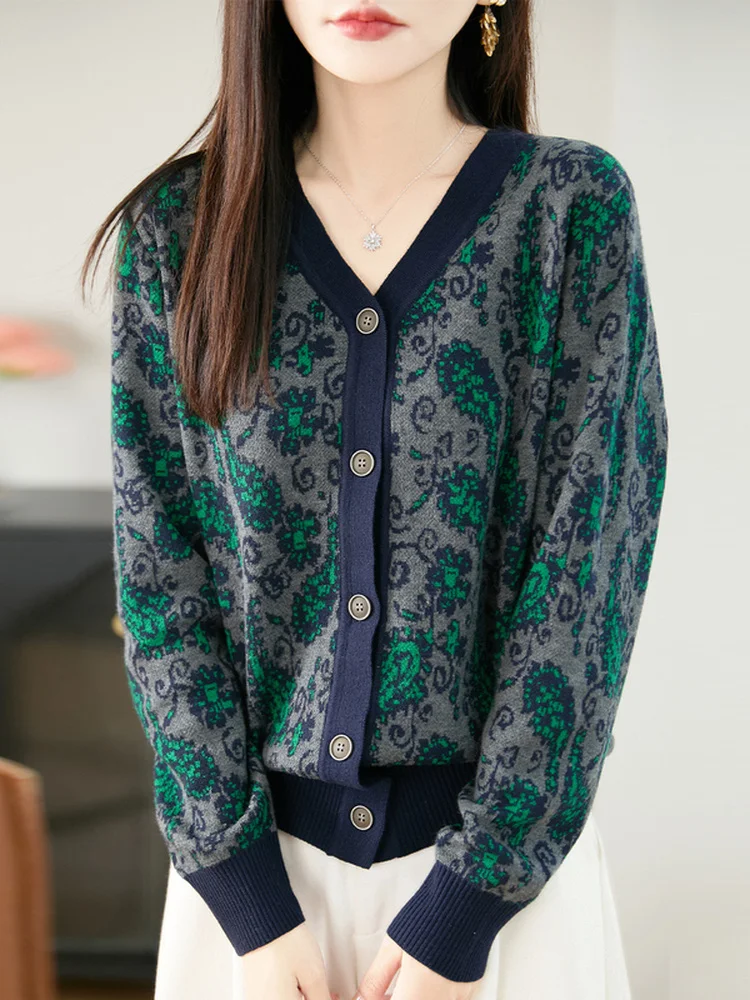 Otoño Invierno Thiened doble punto V-Ne cárdigan abierto de punto de lana mujer suelta larga Sve Top cálido suéter Floral