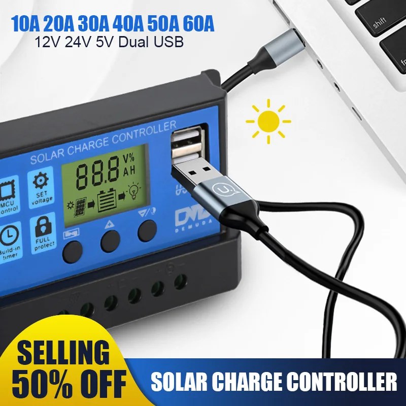 Efficient Solar Controller 12V 24V 60A 50A 40A 30A 10A Solar Voltage Regulator PWM Battery Charger LCD Display Dual USB 5V Outpu