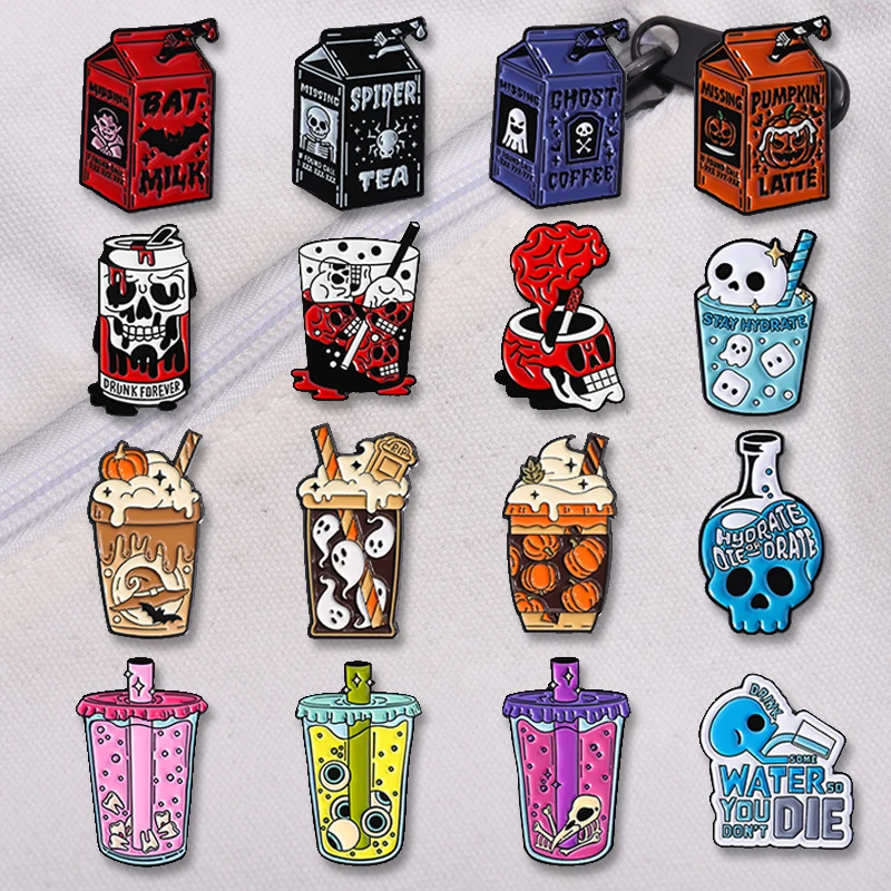 1-4Pcs/Set Halloween Horror Skeleton Juice Enamel Pins Punk Pumpkin Bat Ghost Beverage Brooches Clothes Lapel Badge Jewelry Gift