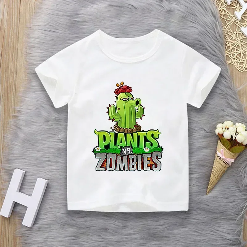 Summer Plants Vs. Zombies Printed Casual T-Shirt Boys Girls Short Sleeve Top for Middle School Students Family Matching Outfits