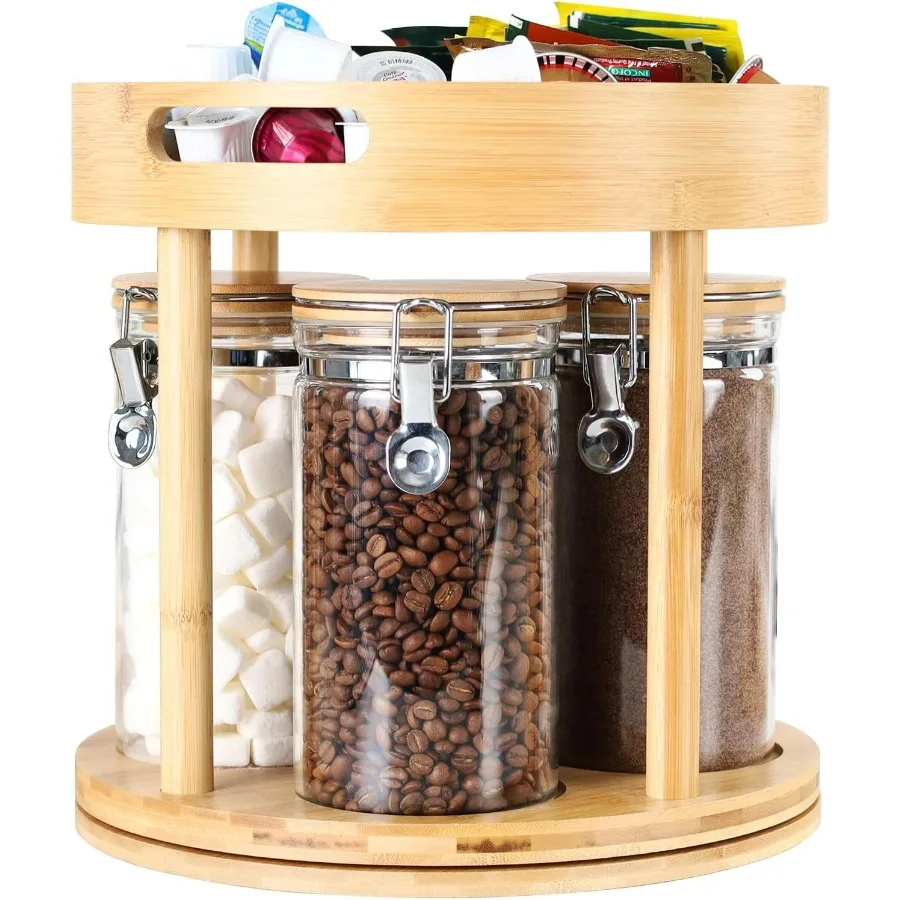 

Набор герметичных стеклянных канистр из 4 предметов с 2-уровневым бамбуковым органайзером Lazy Susan Turntable — бар для кофе и чая Lazy Susan Organizer Stati