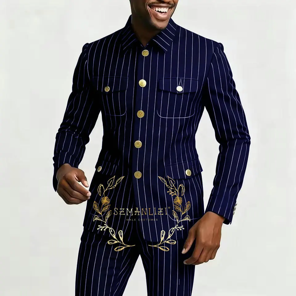 بدلة رجالية سوداء مقلمة مكونة من قطعتين بدلة كلاسيكية ضيقة وسترة سهرة وسراويل غير رسمية بياقة واقفة لحفلات الزفاف وحفلات التخرج