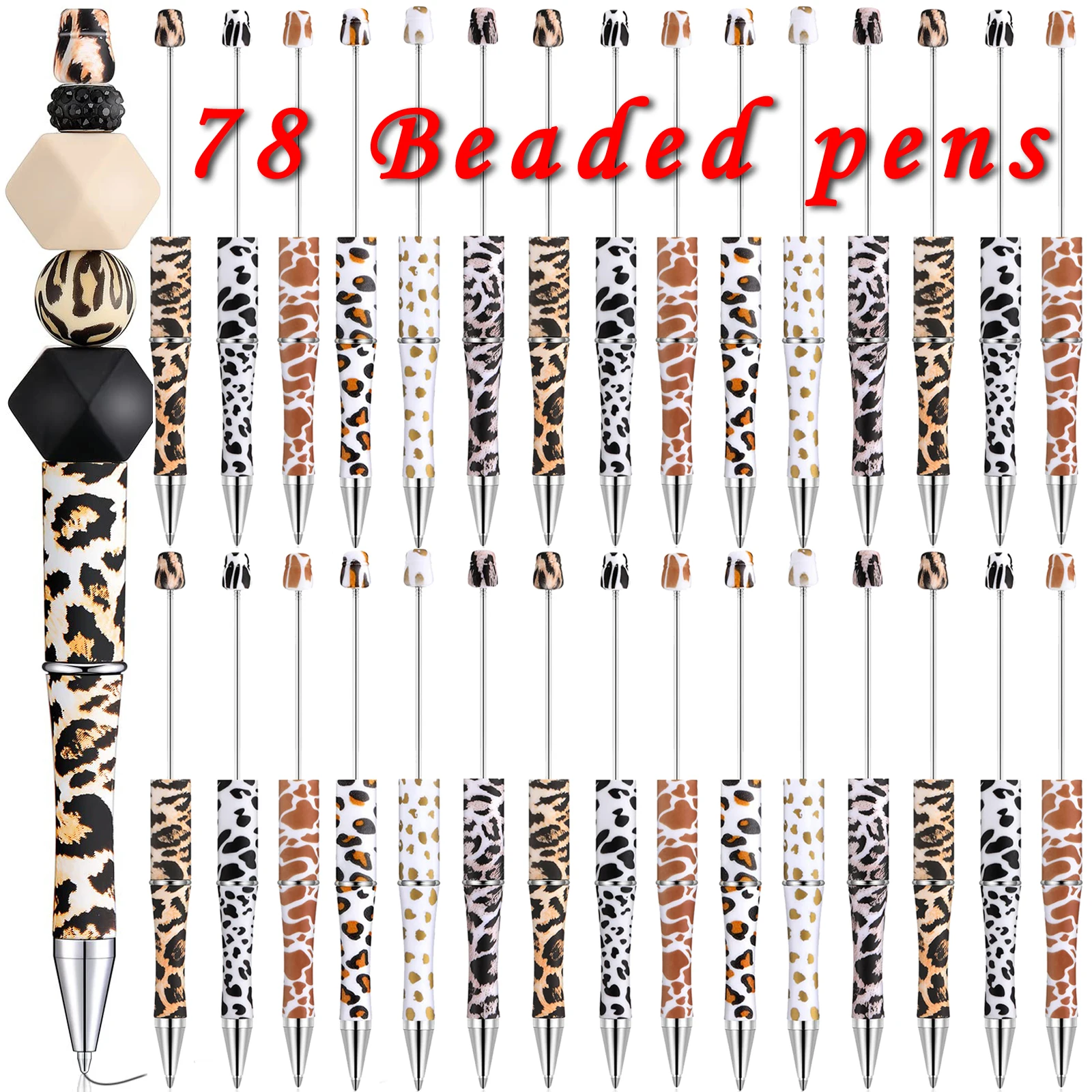 78 Stuks Diy Kralen Pen Creatieve Print Bloempatroon Kralen Balpennen Luipaard Print Koe Spot Kralen Geschenkpen Schoolpen