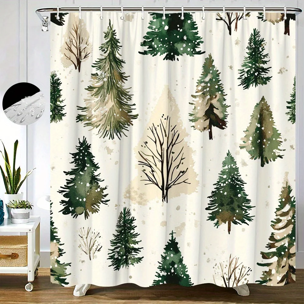 

1pc Rustic Watercolor Evergreen Tree Shower Curtain Green, Brown & Beige on Cream Background Bathroom Decor 12 Hooks