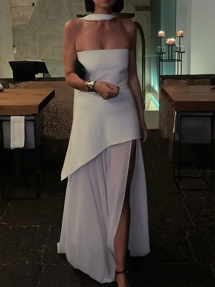 ชุดเดรสยาวสไตล์สตรีทแฟชั่นสำหรับฤดูร้อน  ตกแต่งด้วยริบบิ้นและซิป  ผ่าข้าง  แบบเรียบหรู  เซ็กซี่  ไม่มีแขน  แบบสายเดี่ยว  สำหรับผู้หญิง