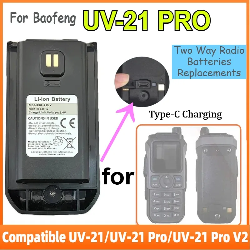 

For Baofeng UV-21 Pro V2 Li-ion Battery L High Capacity DC 8.4V Typc-C Charging UV21 Pro Two Way Radio Batteries Replacements