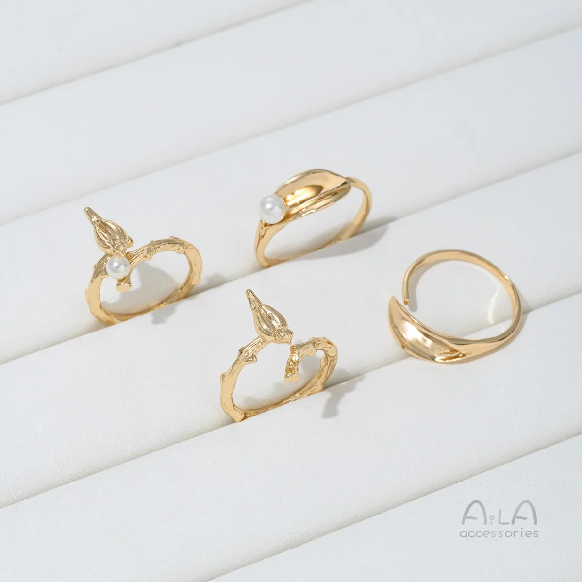 Brass Gold Plated Floral Vine Open Adjustable Ring Blank DIY Pearl Inlay Finger Ring Jewelry Findings