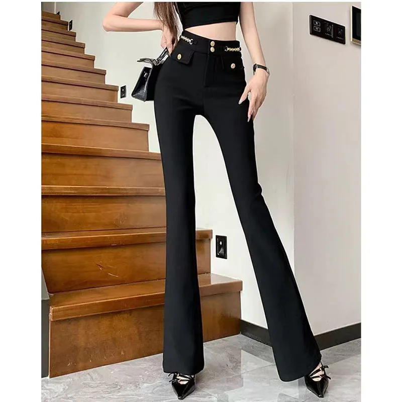 Fashion Bell Bottoms Pants Women's Spring Autumn New High Waist Handmade Buttons Slim Micro-Trousers Elastic Ladies Casual Pants