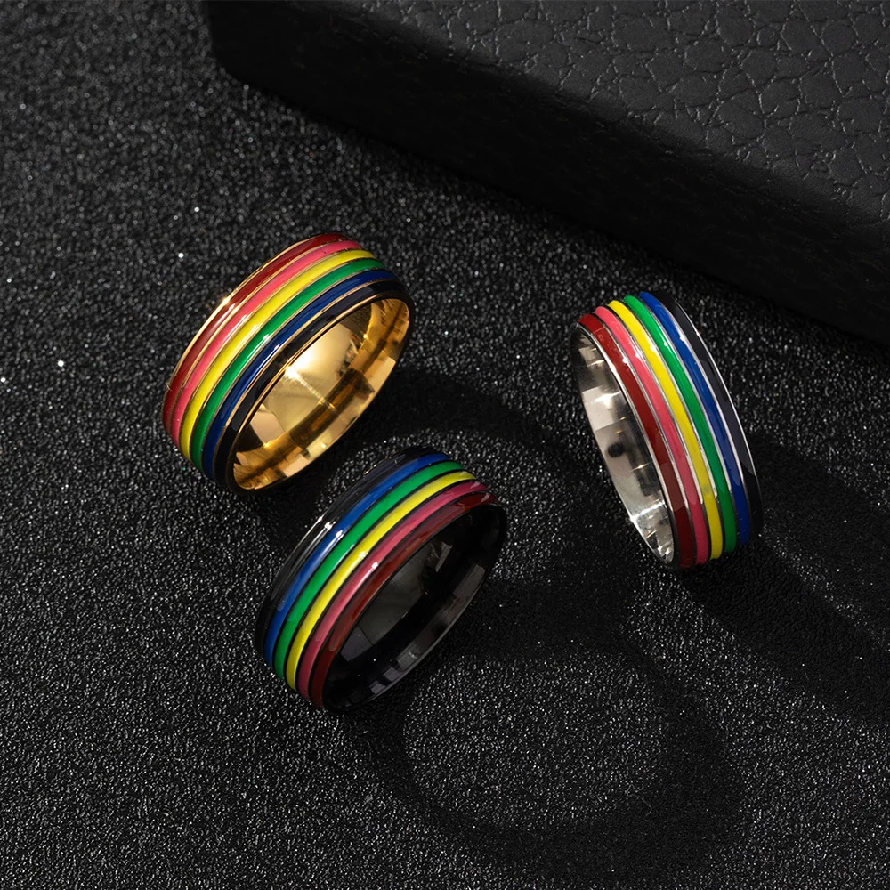 Retro Rainbow Colorful Ring for Men Women Stainless Steel Punk Gothic Edgy Jewelry Modern Artistic Fashion Accessories Girl Gift