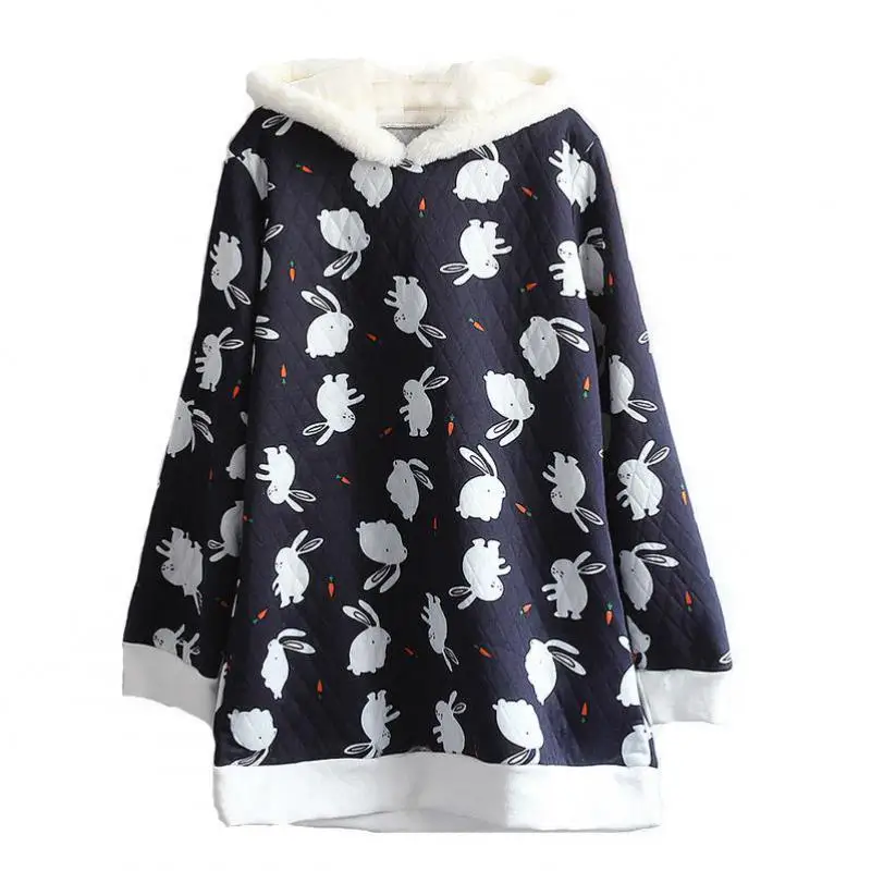 

Japanese Kawaii Rabbit Print Rabbit Ear Flannel Maiden Hooded Mid-length Composite Cotton Girl Sweatshirt Winter Pullover Female