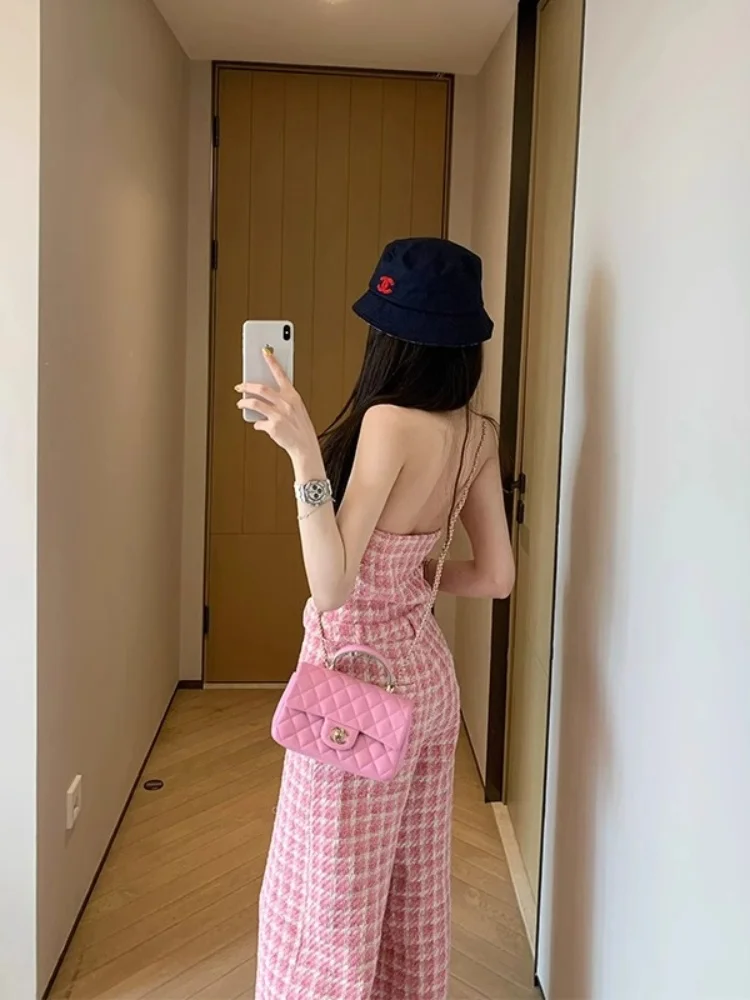 

Sweet Korean Sle Pink Plaid Ne Hanging Svel One-Piece Pants High Waist Wide Leg Pants Summer Faion Commute