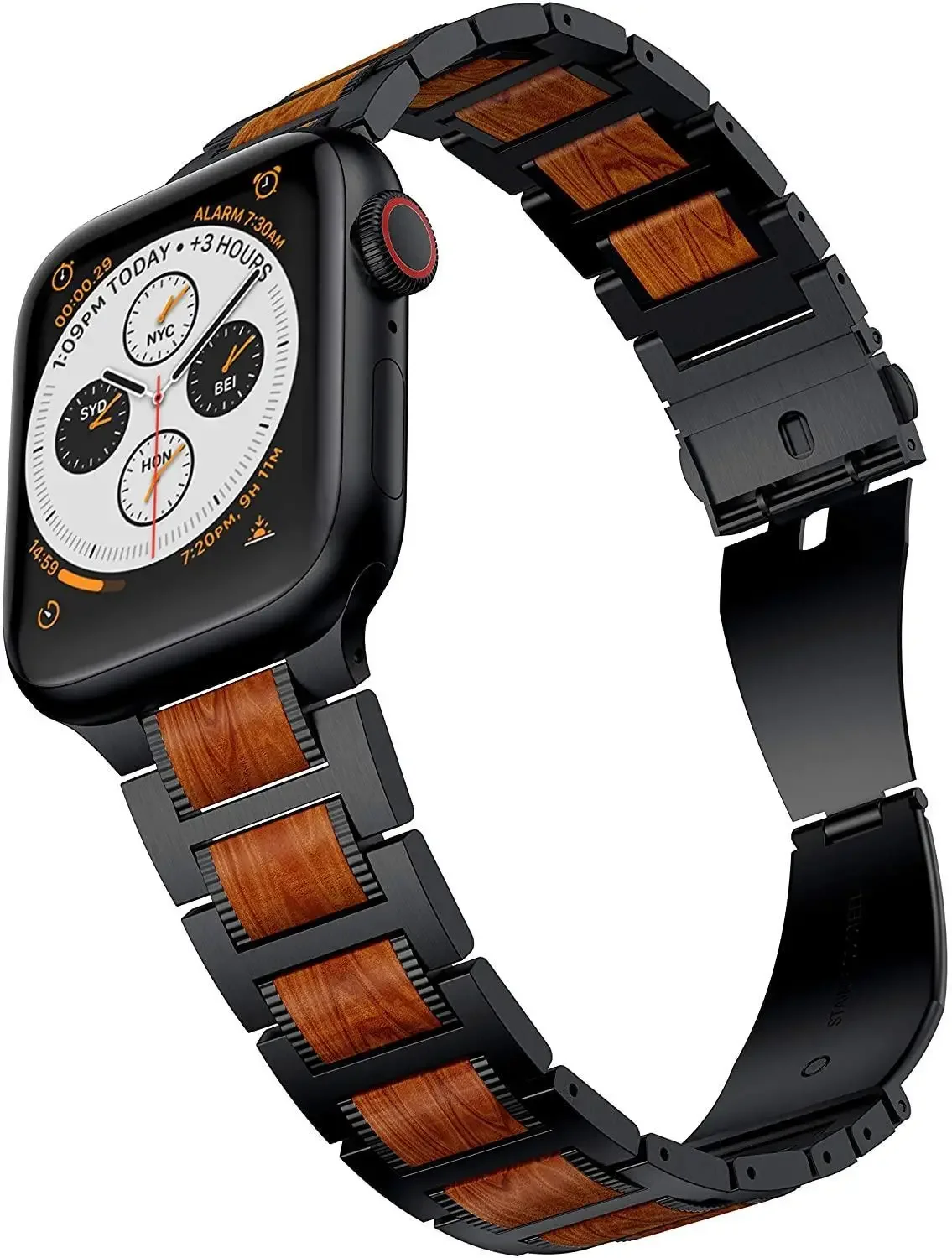 Bracelet en bois de santal rouge pour Apple Watch, ceinture à maillons en acier inoxydable, Ultra2, 9, 8, 7, 49mm, 45mm, 41mm, bande iWatch 6, 5, 4, 3, 44mm, 40mm