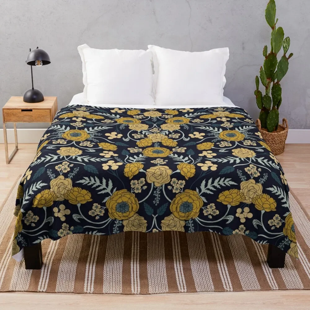 

Navy Blue, Turquoise, Cream & Mustard Yellow Dark Floral Pattern Throw Blanket Luxury St Bed linens Blankets