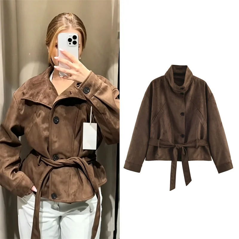 Guobioziy Women's Jacket 2026 Fall/Winter New Arrival Fashion Stand Collar with Belt Suede Texture Waist-Cinching Short Jacket