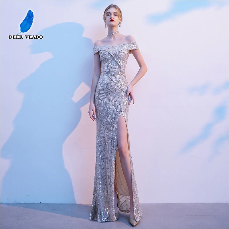 

DEERVEADO Sexy High Slit Evening Dresses for Woman Mermaid Off Shoulder Sequins Prom Party Dresses Long Formal Occasion Dresses