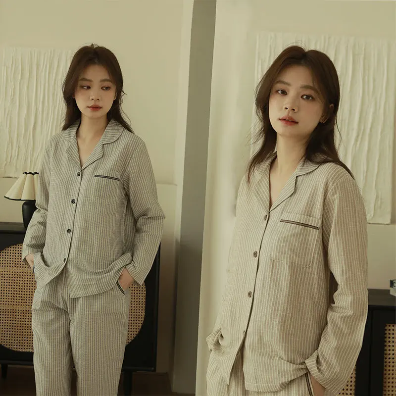 

Женский пижамный комплект из 100% хлопковой марли: мягкий, дышащий, двухслойный, в полоску, с отложным воротником, на пуговицах, с длинными рукавами, для дома и отдыха