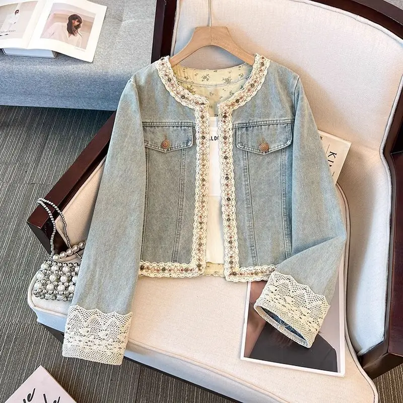 

Lace Splicing Denim Jacket Women's Spring And Autumn Short 2026 New Loose Temperament Jackets Top Outwear Female