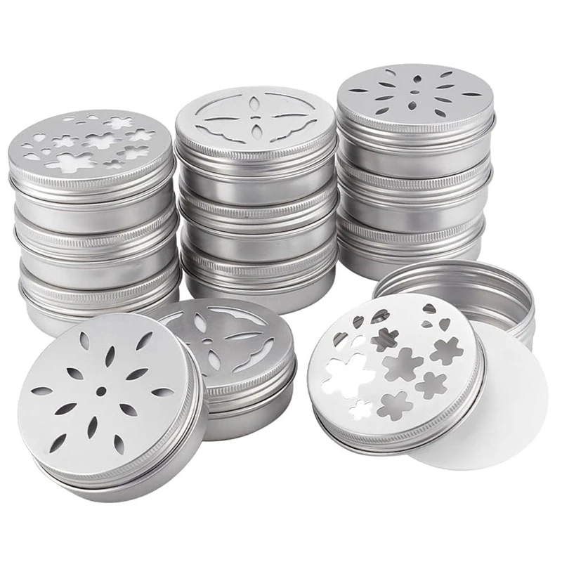 12 Uds. Latas para ambientador, contenedor de cuentas aromáticas de 3 estilos, contenedor de Metal de aluminio de 2 onzas, latas de almacenamiento vacías con tapas