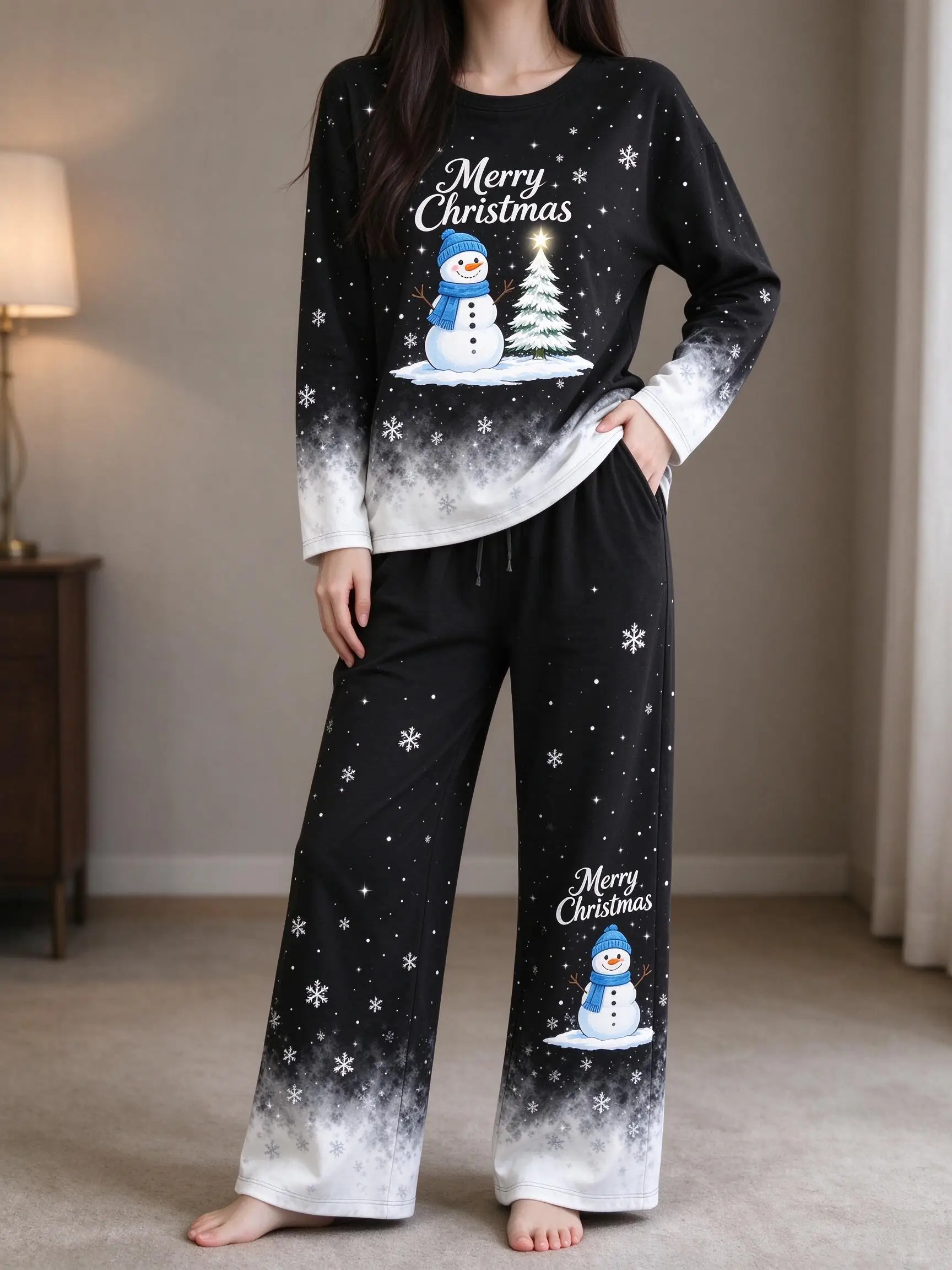 Women Imitation Cotton Pajama Set Black Gradient Santa Claus Snowflake Print Round Neck Long Sleeve 2PCS Sleepwear Loungewear