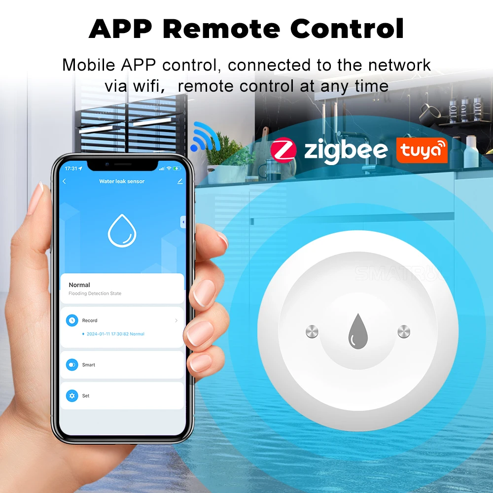 تويا زيجبي استشعار تسرب المياه IP66 مقاوم للماء كشف المياه في الهواء الطلق المطر الفيضانات الاستشعار للمطبخ/الحمام إنذار الحياة الذكية