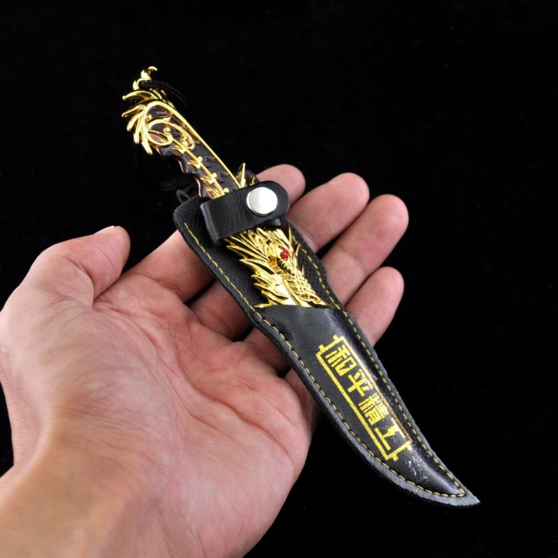 Juego de 17cm/6,69 pulgadas para la paz, cinco garras, daga de dragón dorado, cuchillo pequeño con funda, modelos de armas de Metal, juguetes, adornos, llaveros