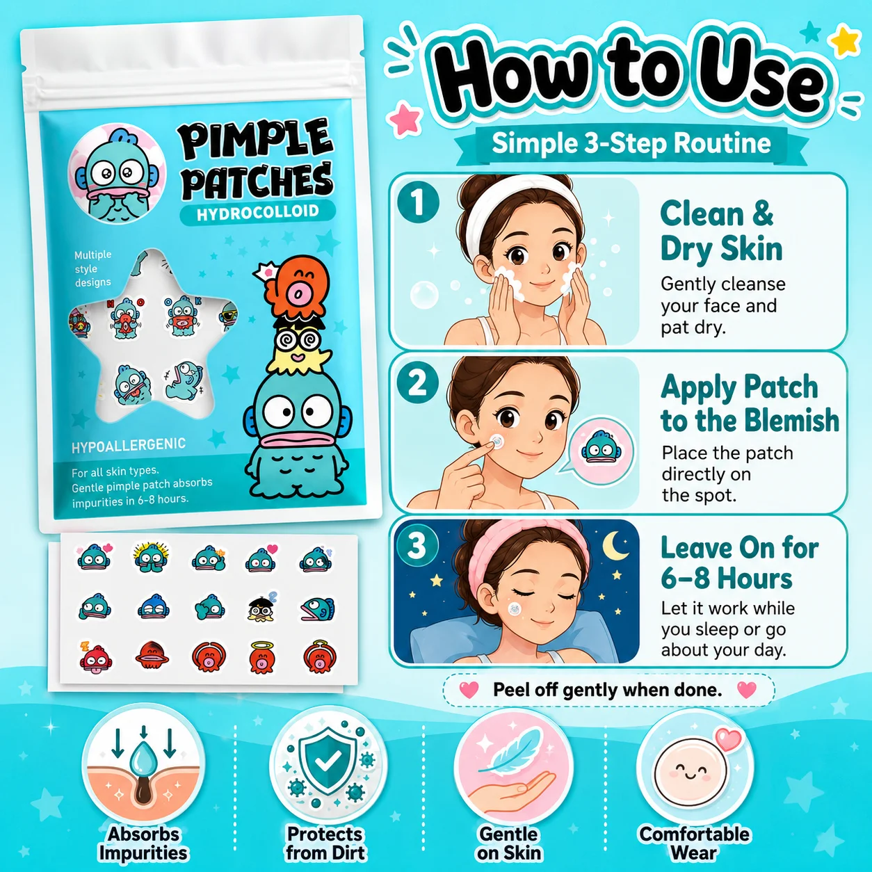 100/20PCS Cute Clownfish Hydrocolloid Pimple Patches, Waterproof Blemish Spot Covers, Gentle Face Stickers, Fun Designs. - view 6