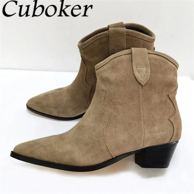 2024 Autumn Hot Sale Suede Leather Ankle Boots Women Pointed Toe Slip On Chelsea Boots Classic Chunky Heels Short Botas Mujer