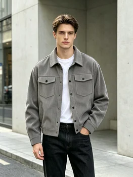 Men's Vintage Corduroy Jacket Casual Loose Fit Trucker Coat Turn-Down Collar Button Down Work Jacket With Chest Pockets Spring A 5