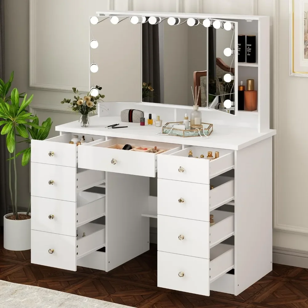 Vanity Desk with Trifold Mirrors & Bulbs, 43.3