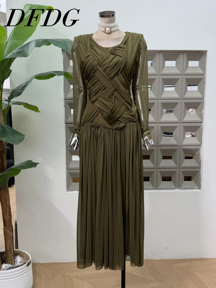 

DFDG женское весенне-летнее темно-зеленое плиссированное платье с v-образным вырезом и длинными рукавами, офисное платье 2026, модное женственное модное платье