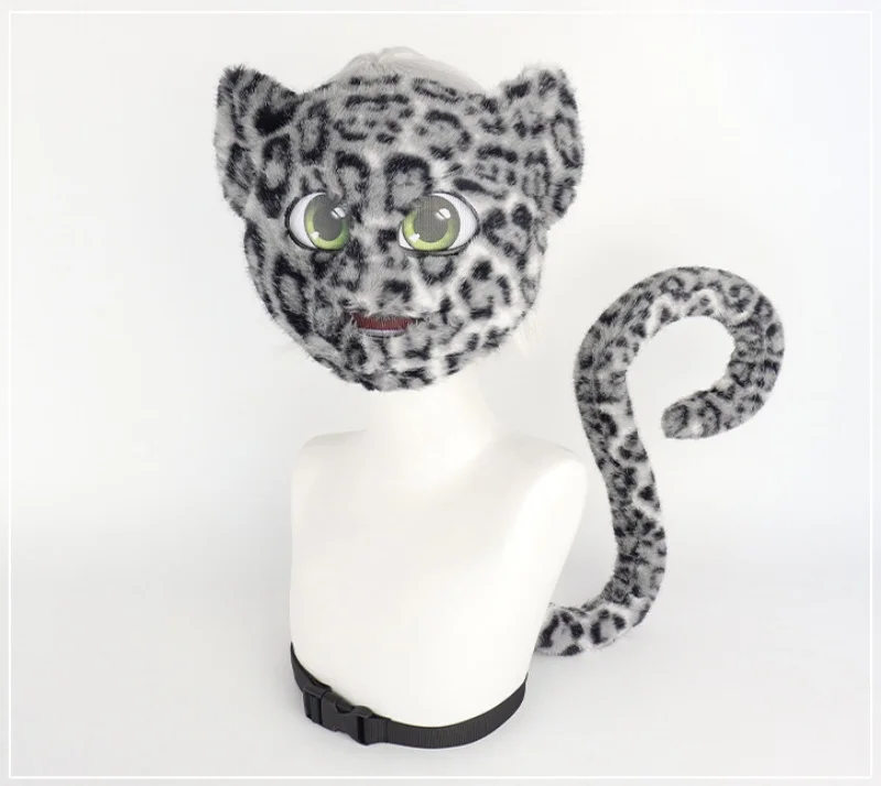 毛皮の猫マスクと尻尾セット かわいい動物コスプレコスチュームアクセサリー フェイクファー猫ヒョウ尻尾 ハロウィンパーティー アニメアクセサリー