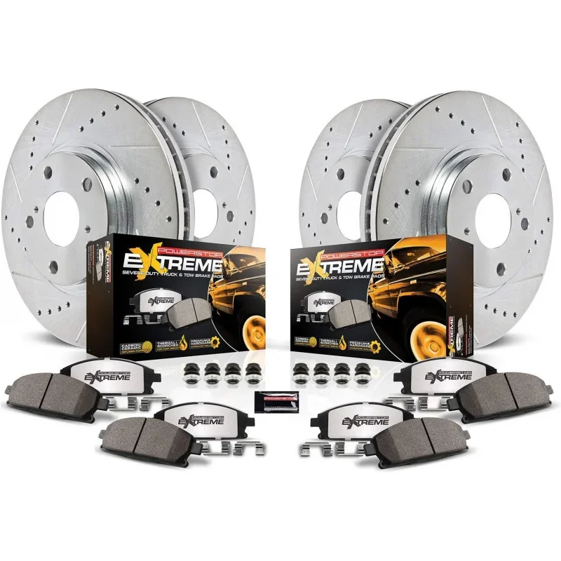 K2164-36 Front and Rear Truck & Tow Drilled Slotted Rotors with Carbon-Fiber Ceramic Brake Pads Brake Kit For 2007-2009 Aspen Du