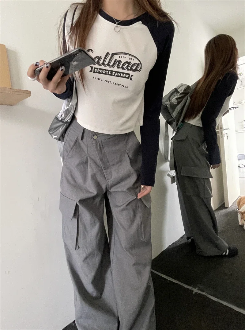 한국어 스타일 티셔츠 여성 뜨거운 여자 레트로 프린트 티셔츠 여성 긴 소매 자르기 탑 패치 워크 Y2k 빈티지 탑 streetwear