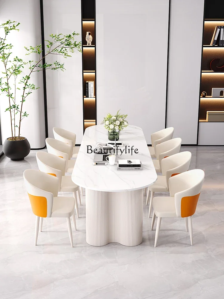 Cream Style Stone Plate Long Table 6-10 People Office Desk Reception Negotiation