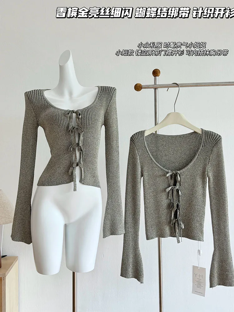 High Quality Grey O-Neck Slim Crop Tops Women Long Sleeve Bow Bandage Design Cardigan Autumn 2024 Fashion Sexy Knitted Sweater