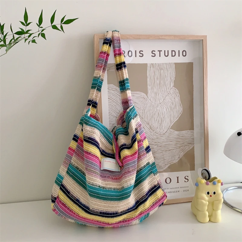 

Vintage Rainbow Stripe Contrast Backpack Knitted Felt Fashion Women'S Armpit Daily Large Capacity Shopping Bag