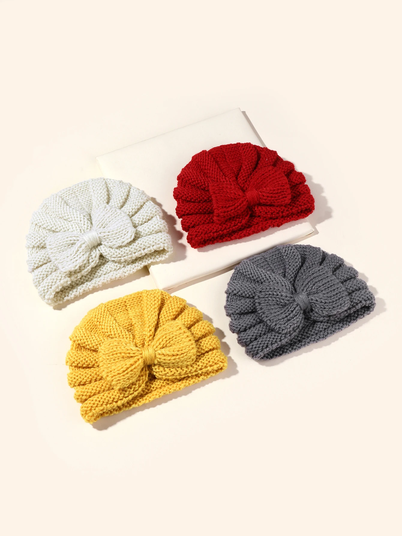 4pcs Bow Knit Baby Hat Girls Boys Elastic Bonnet Autumn Winter Warm Turban Hats Solid Color Woolen Cap Kids Accessories