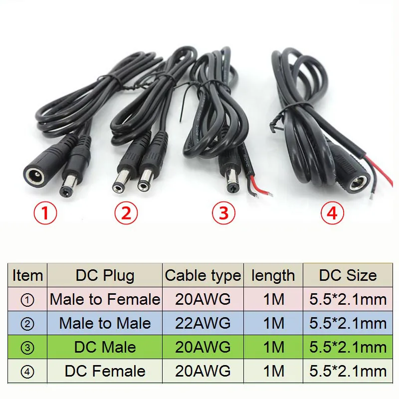 สายสายไฟต่อ DC 5.5มม. x 2.1มม. 1เมตรสายเชื่อมต่อตัวผู้-ตัวเมียสำหรับกล้องวงจรปิดไฟแถบไฟ LED