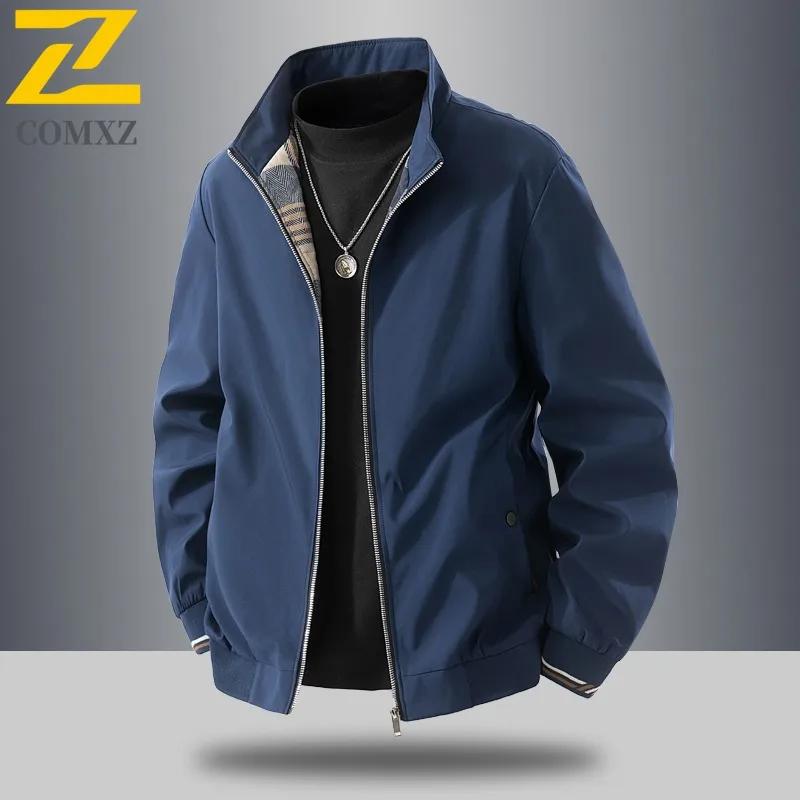 COMXZ Men Jacket 2025 Business Casual Solid Color Stand Collar Hiking Travel Lightweight Breathable Outerwear Windbreaker Coat