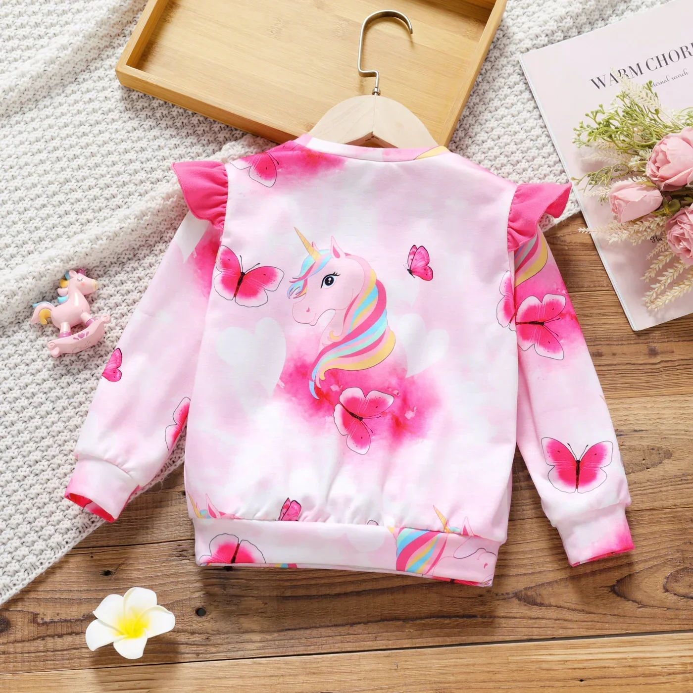 PatPat Toddler Girl Animal Unicorn Butterfly Print Ruffled Pink Pullover Sweat Soft and Comfortable  Perfect for Outings